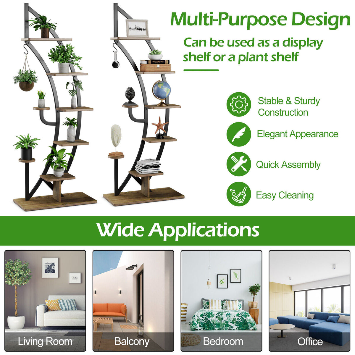 6 Tier 9 Potted Metal Plant Stand Holder Display Shelf with Hook-Natural-Plant Stands-DECOROLALA