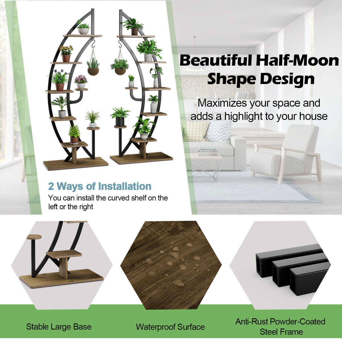 6 Tier 9 Potted Metal Plant Stand Holder Display Shelf with Hook-Natural-Plant Stands-DECOROLALA