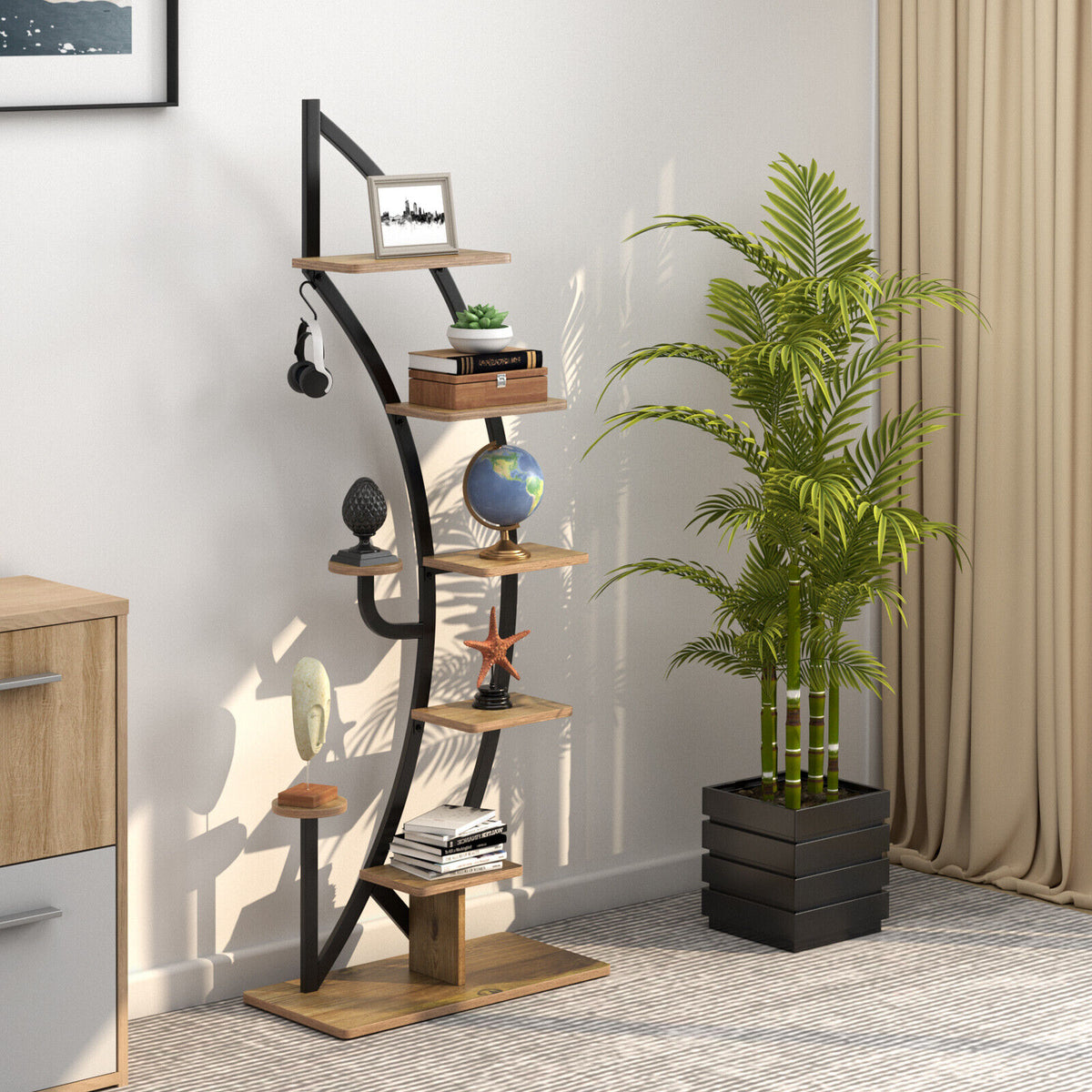 6 Tier 9 Potted Metal Plant Stand Holder Display Shelf with Hook-Natural-Plant Stands-DECOROLALA