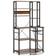 6-Tier Bakers Rack with Power Outlet Stand Wooden Open Shelves-Rusticbrown-Baker’s Racks-DECOROLALA