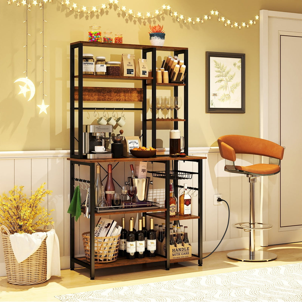 6-Tier Bakers Rack with Power Outlet Stand Wooden Open Shelves-Rusticbrown-Baker’s Racks-DECOROLALA