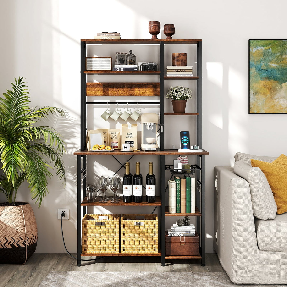 6-Tier Bakers Rack with Power Outlet Stand Wooden Open Shelves-Rusticbrown-Baker’s Racks-DECOROLALA