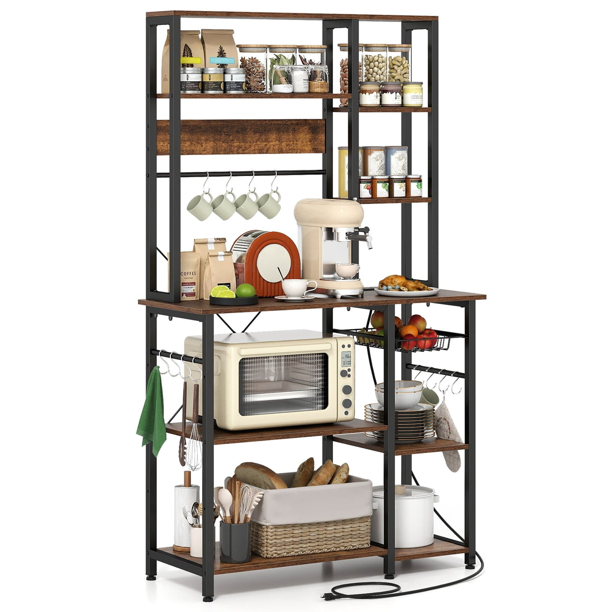 6-Tier Bakers Rack with Power Outlet Stand Wooden Open Shelves-Rusticbrown-Baker’s Racks-DECOROLALA
