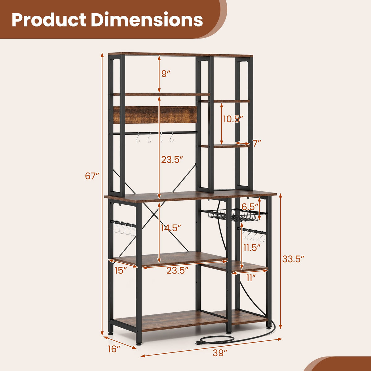 6-Tier Bakers Rack with Power Outlet Stand Wooden Open Shelves-Rusticbrown-Baker’s Racks-DECOROLALA