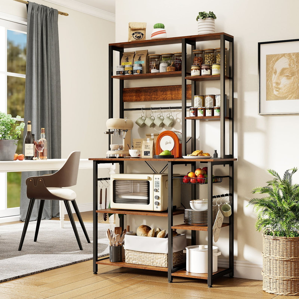 6-Tier Bakers Rack with Power Outlet Stand Wooden Open Shelves-Rusticbrown-Baker’s Racks-DECOROLALA