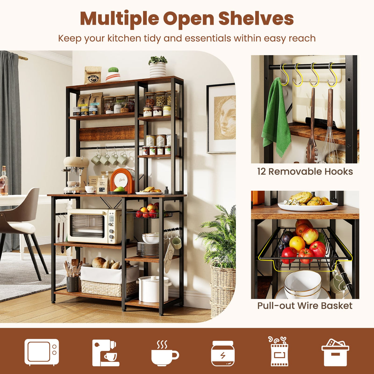 6-Tier Bakers Rack with Power Outlet Stand Wooden Open Shelves-Rusticbrown-Baker’s Racks-DECOROLALA