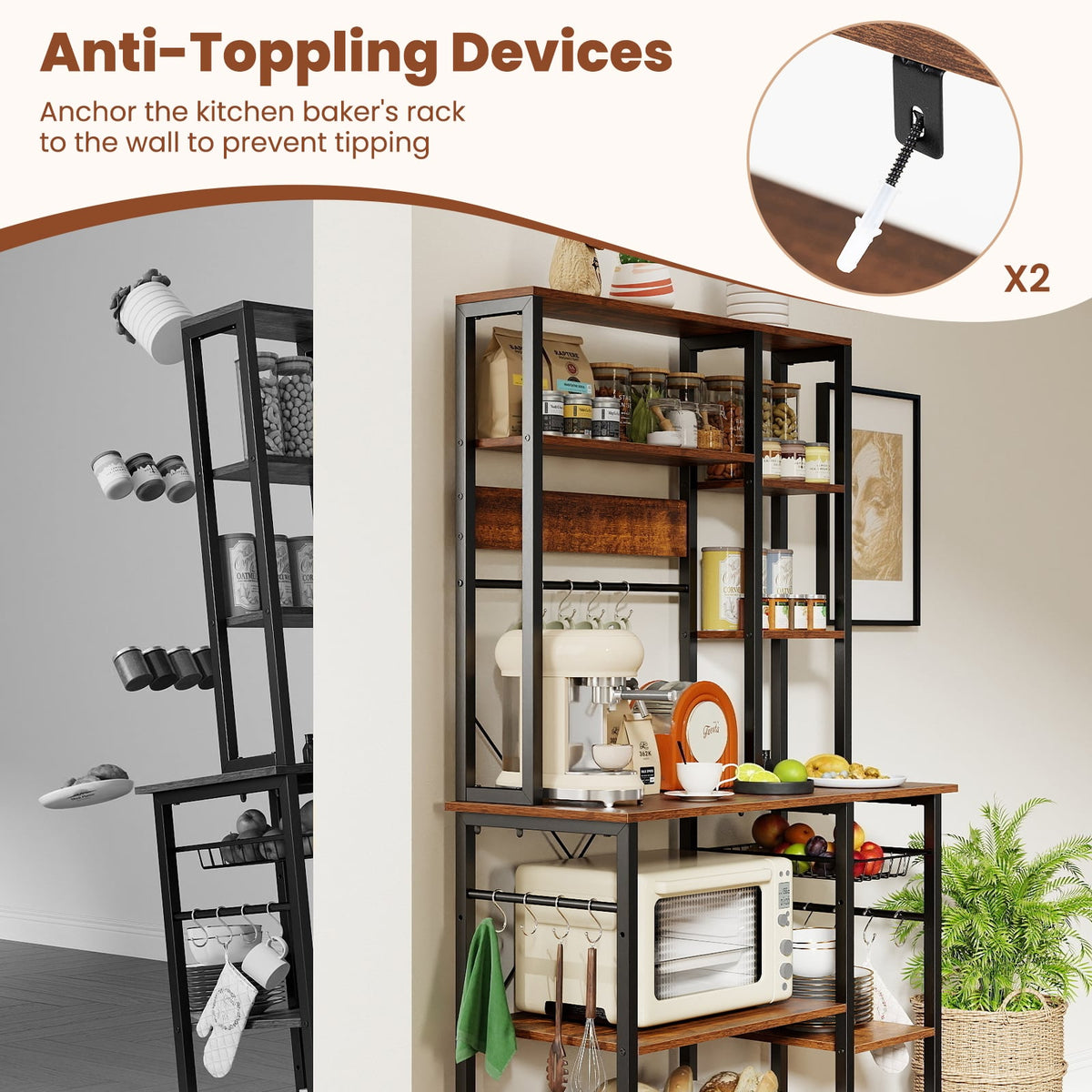 6-Tier Bakers Rack with Power Outlet Stand Wooden Open Shelves-Rusticbrown-Baker’s Racks-DECOROLALA