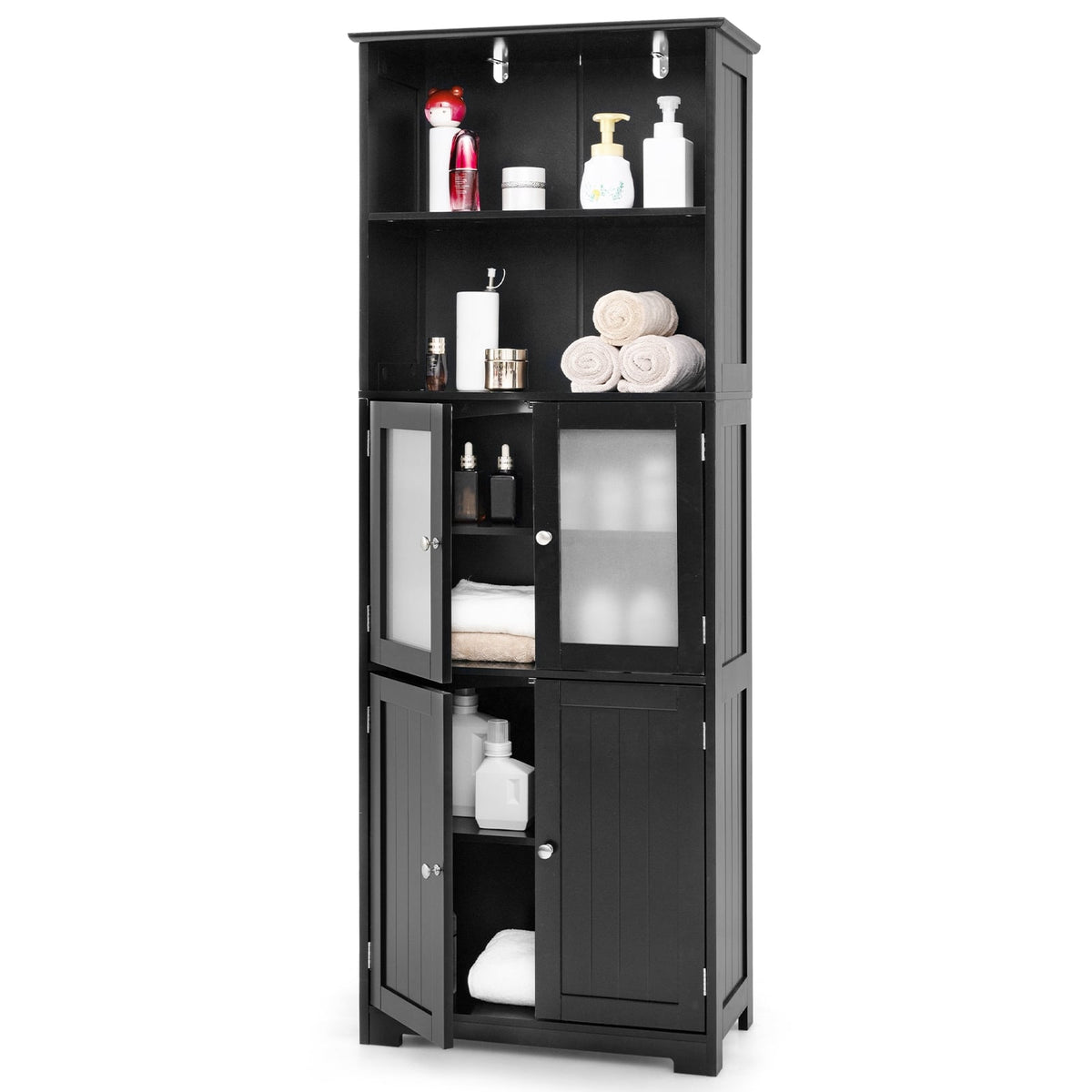 6-Tier Bathroom Cabinet - 64" Tall Storage with Glass Doors Black-Floor Cabinets-DECOROLALA
