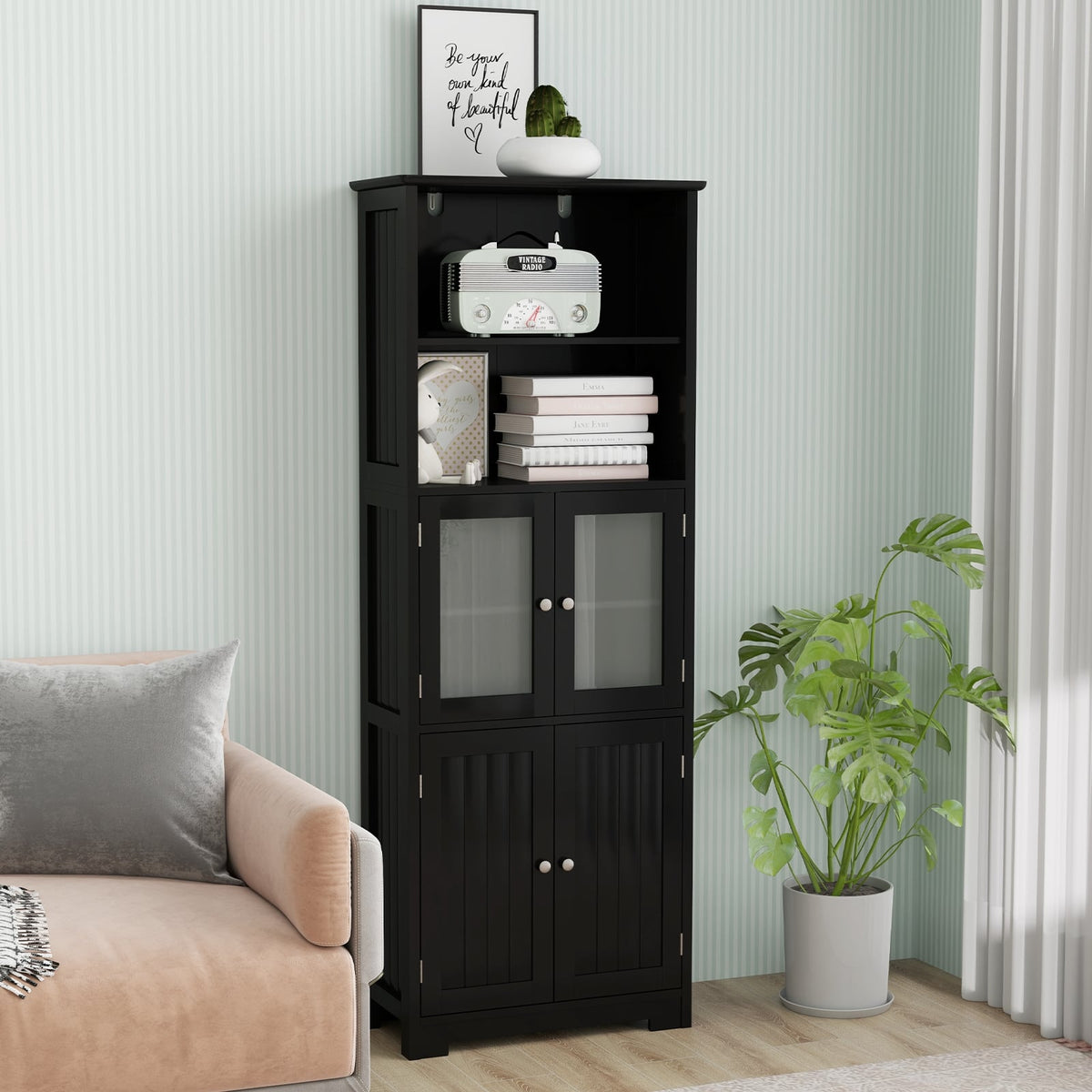 6-Tier Bathroom Cabinet - 64" Tall Storage with Glass Doors Black-Floor Cabinets-DECOROLALA
