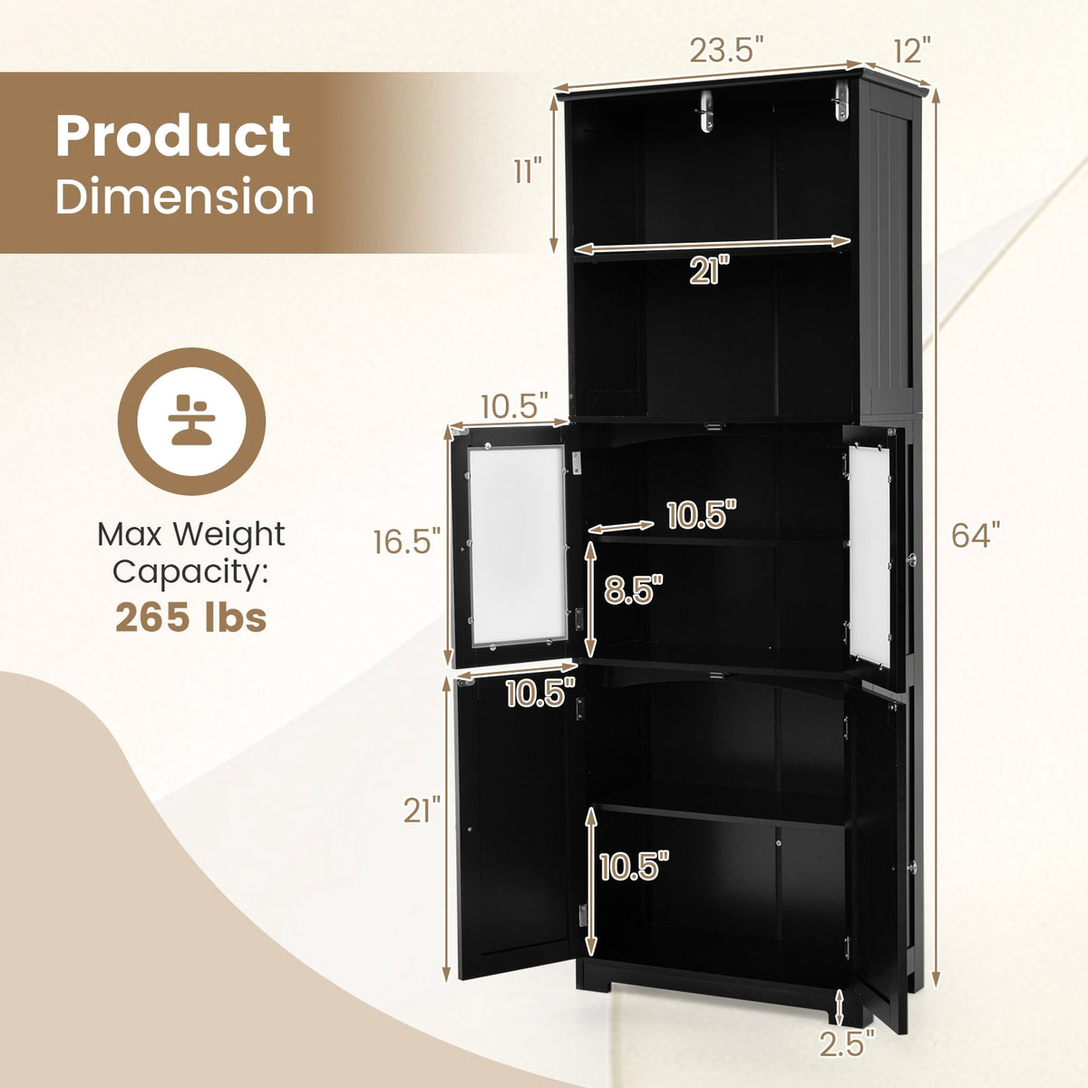 6-Tier Bathroom Cabinet - 64" Tall Storage with Glass Doors Black-Floor Cabinets-DECOROLALA