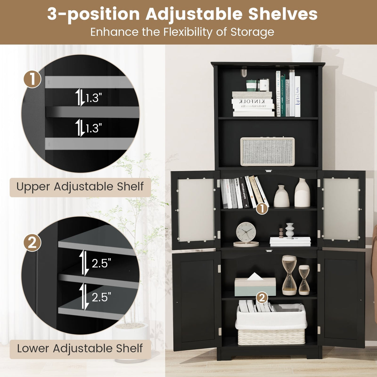 6-Tier Bathroom Cabinet - 64" Tall Storage with Glass Doors Black-Floor Cabinets-DECOROLALA