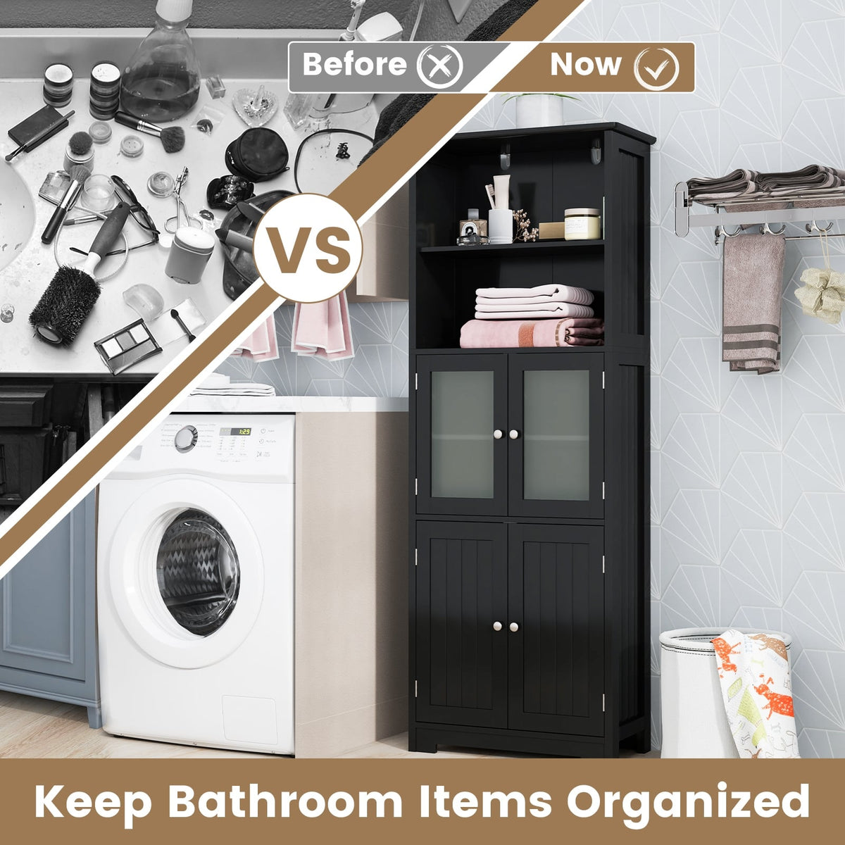 6-Tier Bathroom Cabinet - 64" Tall Storage with Glass Doors Black-Floor Cabinets-DECOROLALA