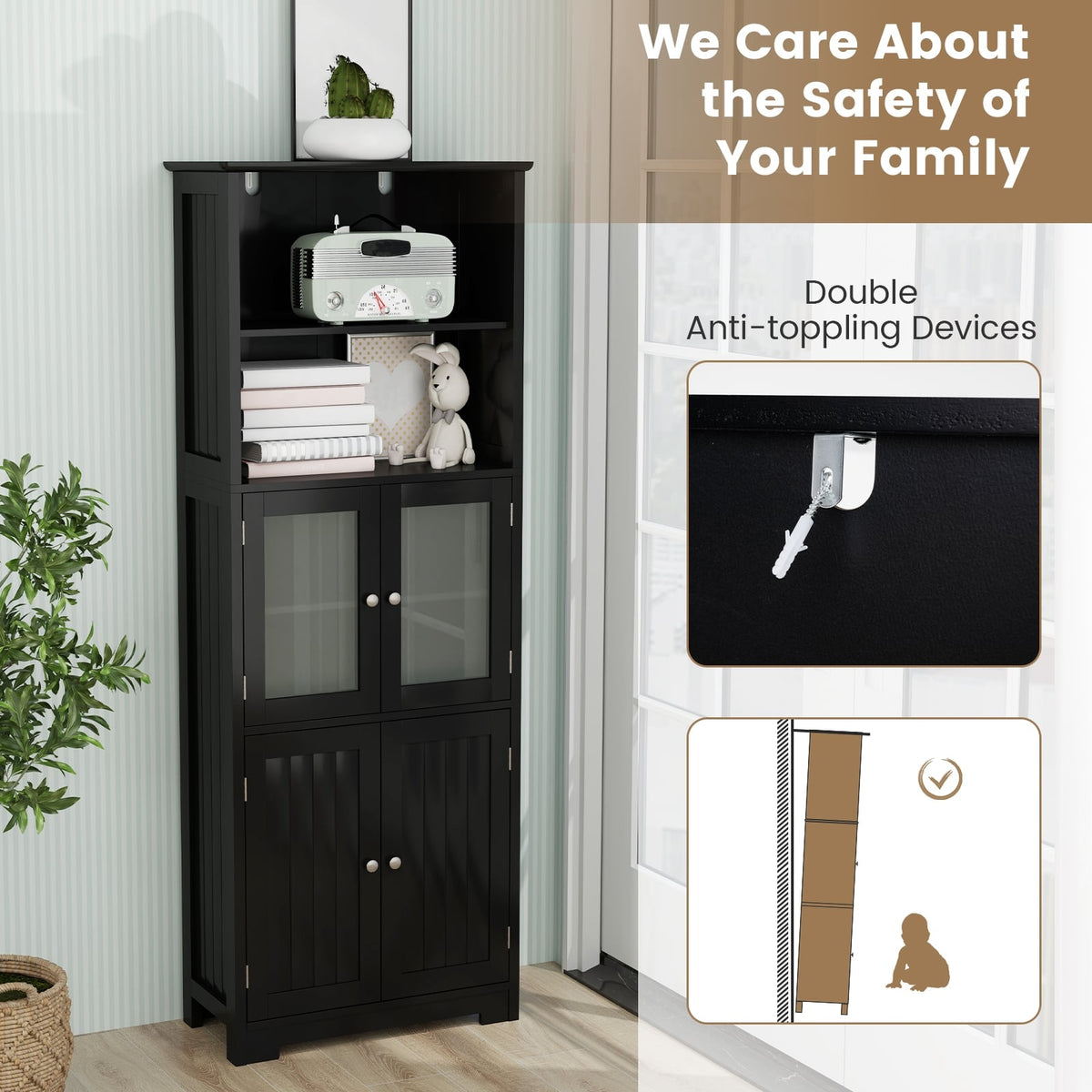 6-Tier Bathroom Cabinet - 64" Tall Storage with Glass Doors Black-Floor Cabinets-DECOROLALA