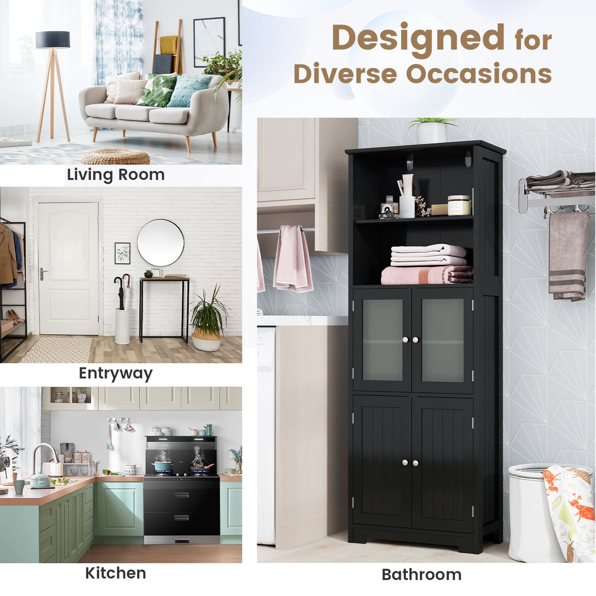 6-Tier Bathroom Cabinet - 64" Tall Storage with Glass Doors Black-Floor Cabinets-DECOROLALA