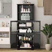 6-Tier Bathroom Cabinet - 64" Tall Storage with Glass Doors Black-Floor Cabinets-DECOROLALA