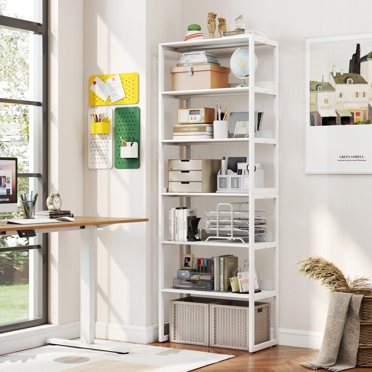 6-Tier Book Shelf with Metal Frame and 4 Anti-Tipping Kits Detachable Shelves-White-Bookcases-DECOROLALA
