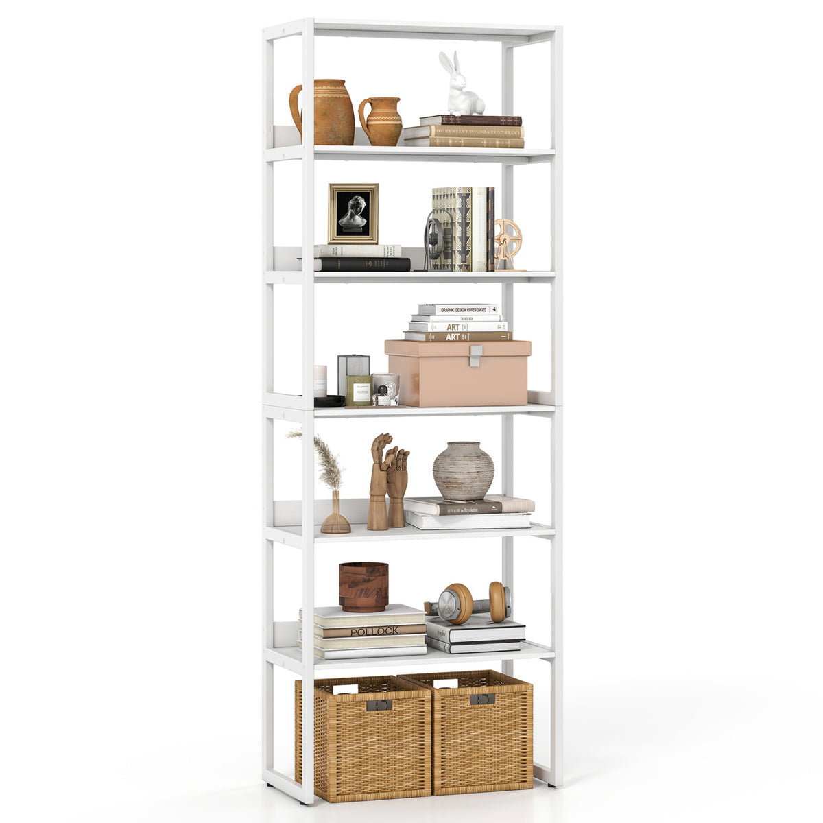 6-Tier Book Shelf with Metal Frame and 4 Anti-Tipping Kits Detachable Shelves-White-Bookcases-DECOROLALA