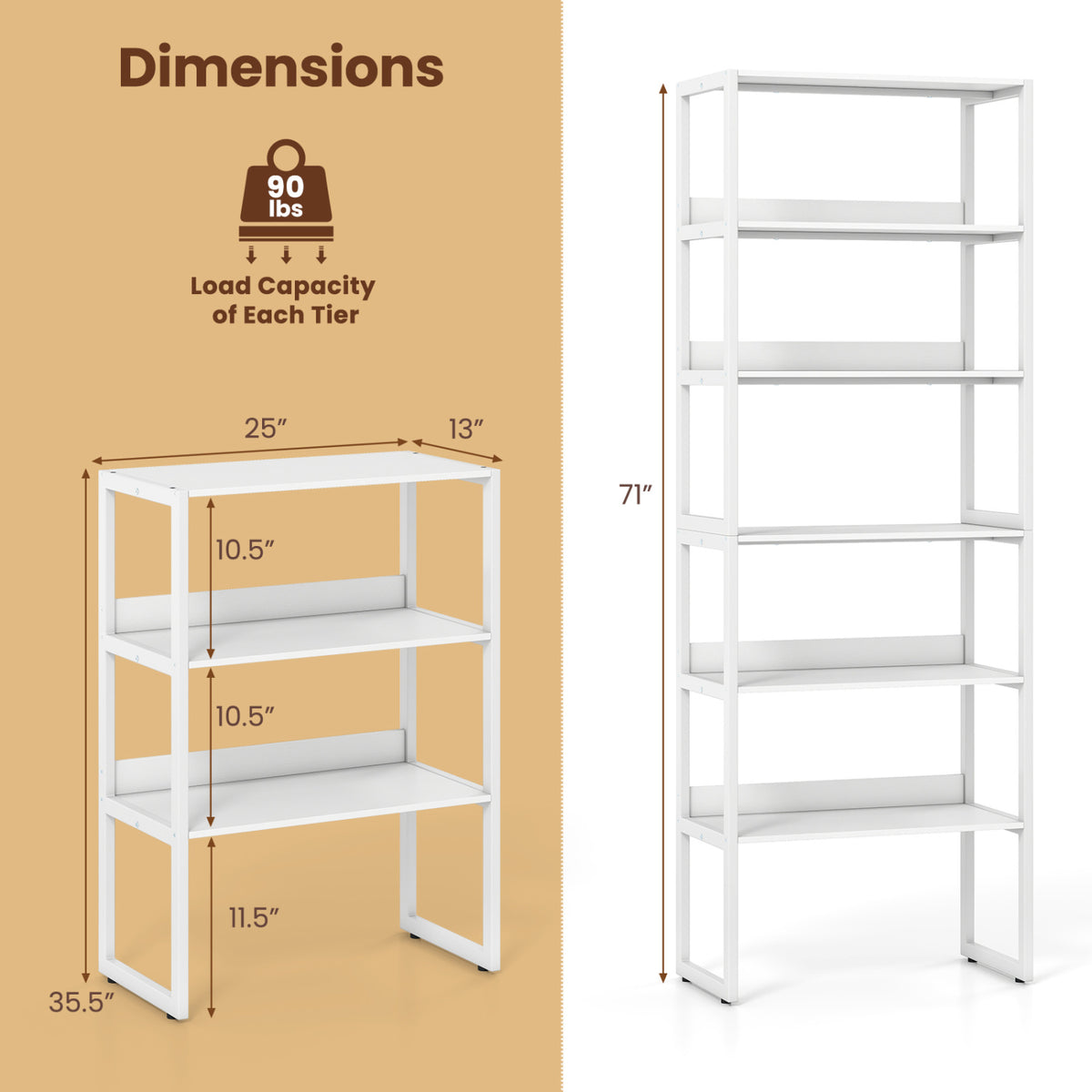 6-Tier Book Shelf with Metal Frame and 4 Anti-Tipping Kits Detachable Shelves-White-Bookcases-DECOROLALA