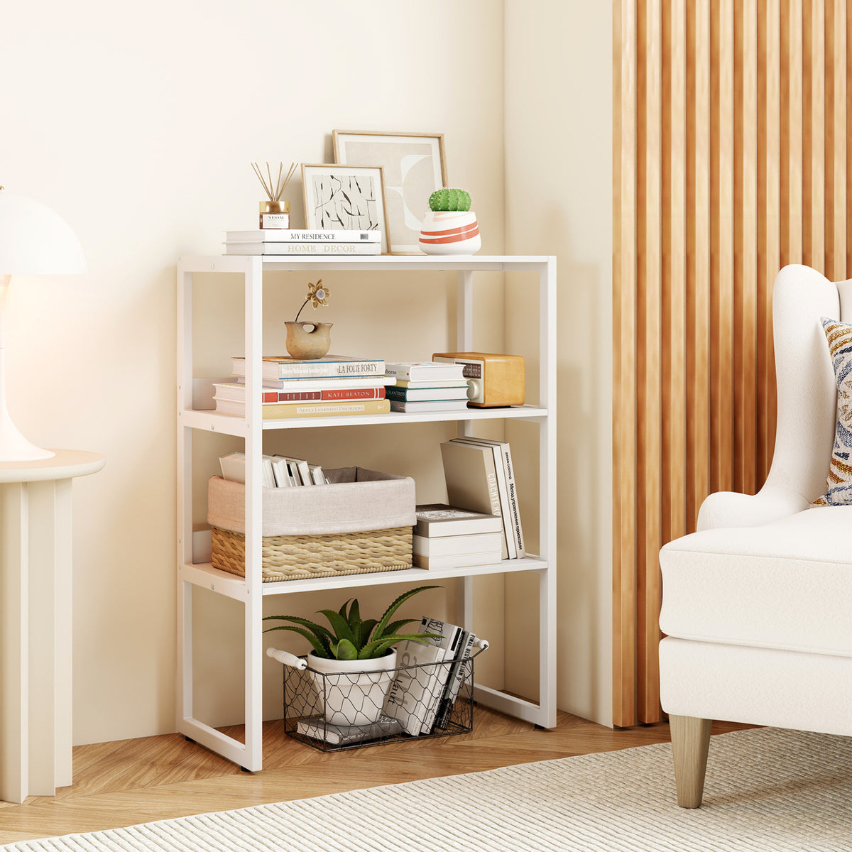 6-Tier Book Shelf with Metal Frame and 4 Anti-Tipping Kits Detachable Shelves-White-Bookcases-DECOROLALA