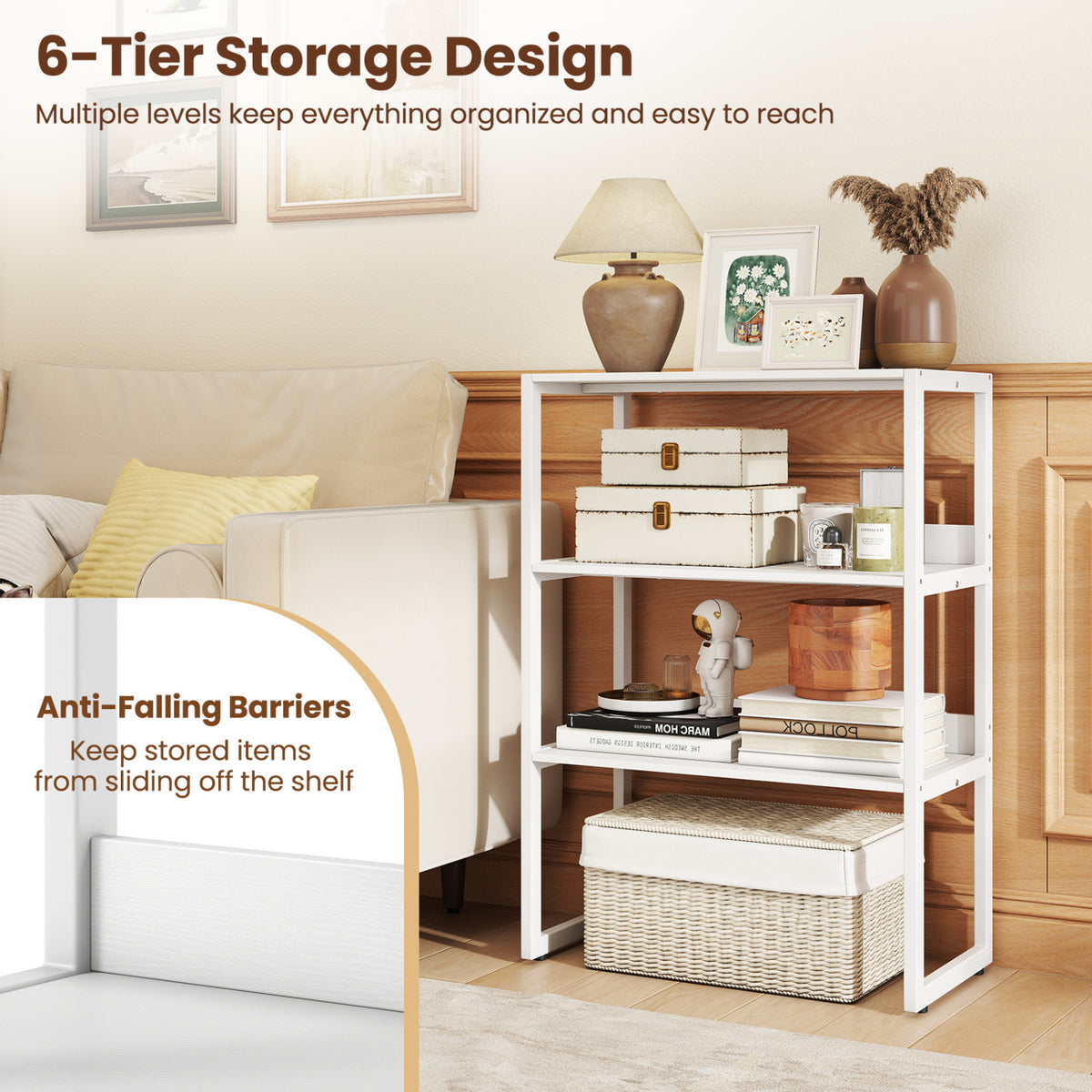 6-Tier Book Shelf with Metal Frame and 4 Anti-Tipping Kits Detachable Shelves-White-Bookcases-DECOROLALA