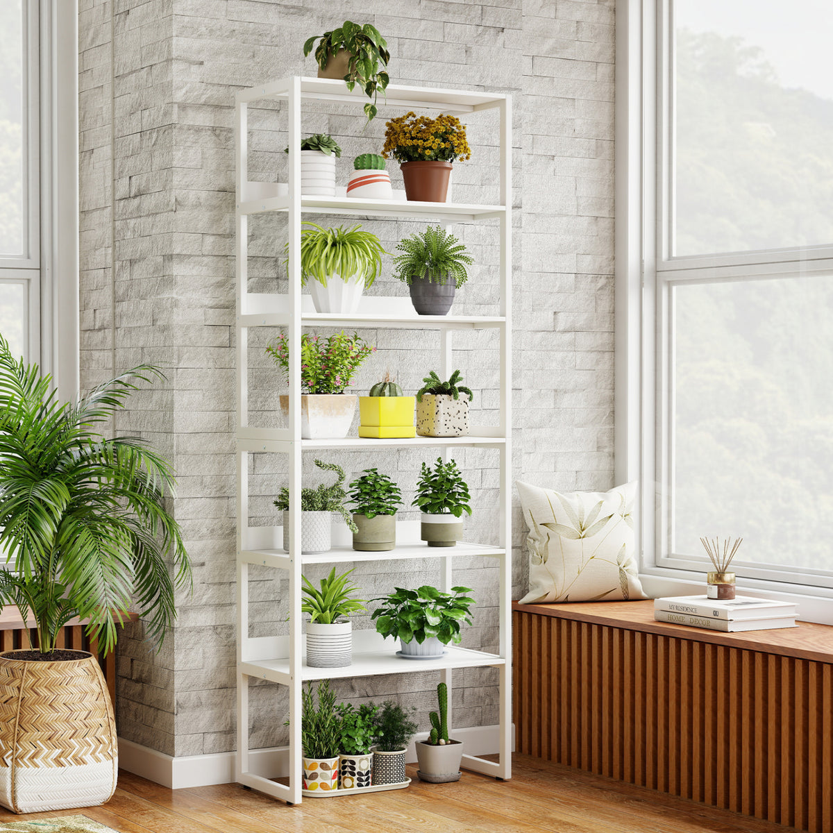 6-Tier Book Shelf with Metal Frame and 4 Anti-Tipping Kits Detachable Shelves-White-Bookcases-DECOROLALA