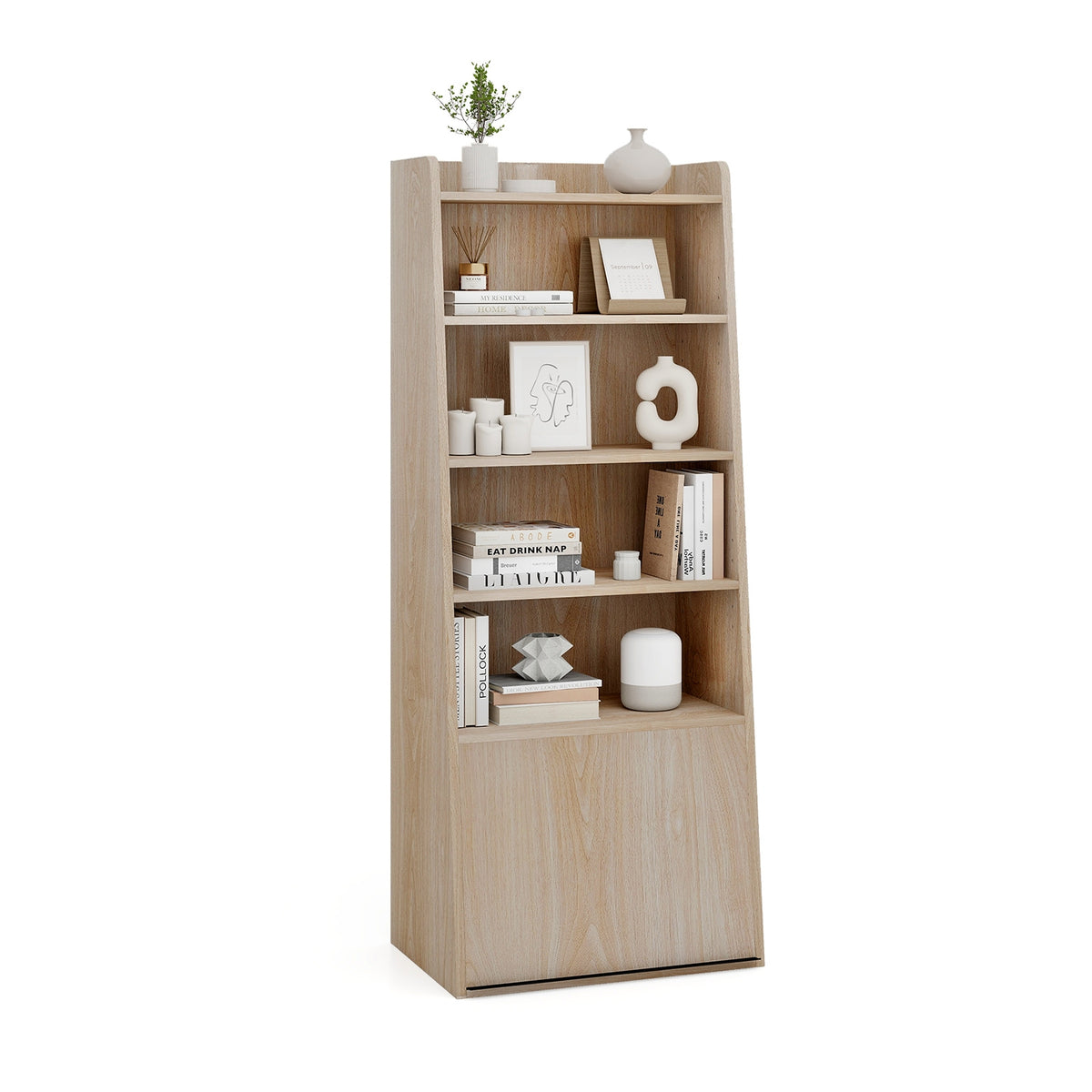 6-Tier Bookcase Freestanding Ladder Bookshelf with 2 Adjustable Shelves and Flip Up Door-Natural-Bookcases-DECOROLALA
