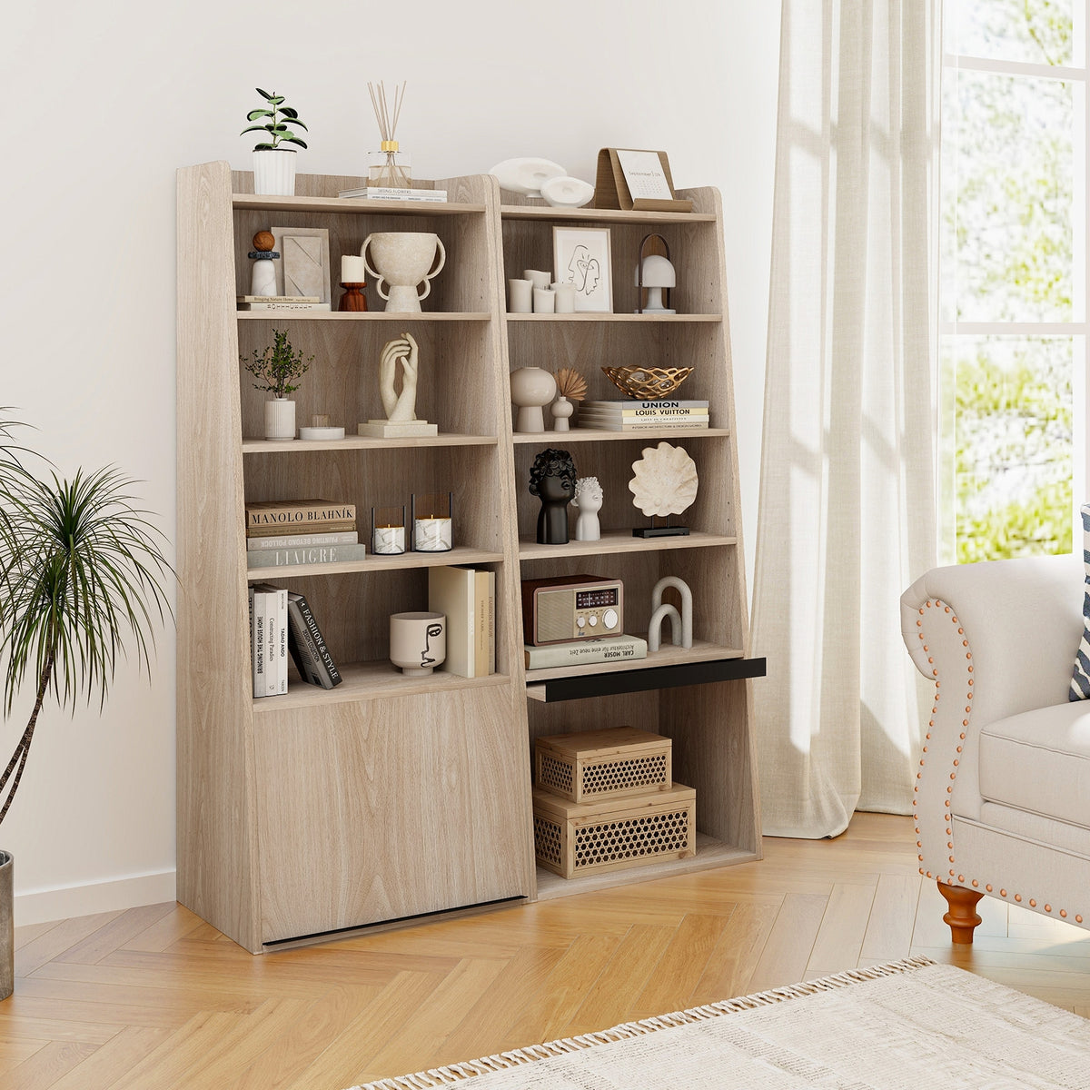 6-Tier Bookcase Freestanding Ladder Bookshelf with 2 Adjustable Shelves and Flip Up Door-Natural-Bookcases-DECOROLALA
