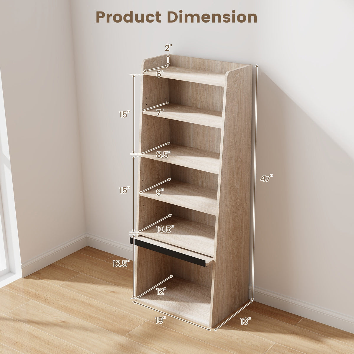 6-Tier Bookcase Freestanding Ladder Bookshelf with 2 Adjustable Shelves and Flip Up Door-Natural-Bookcases-DECOROLALA