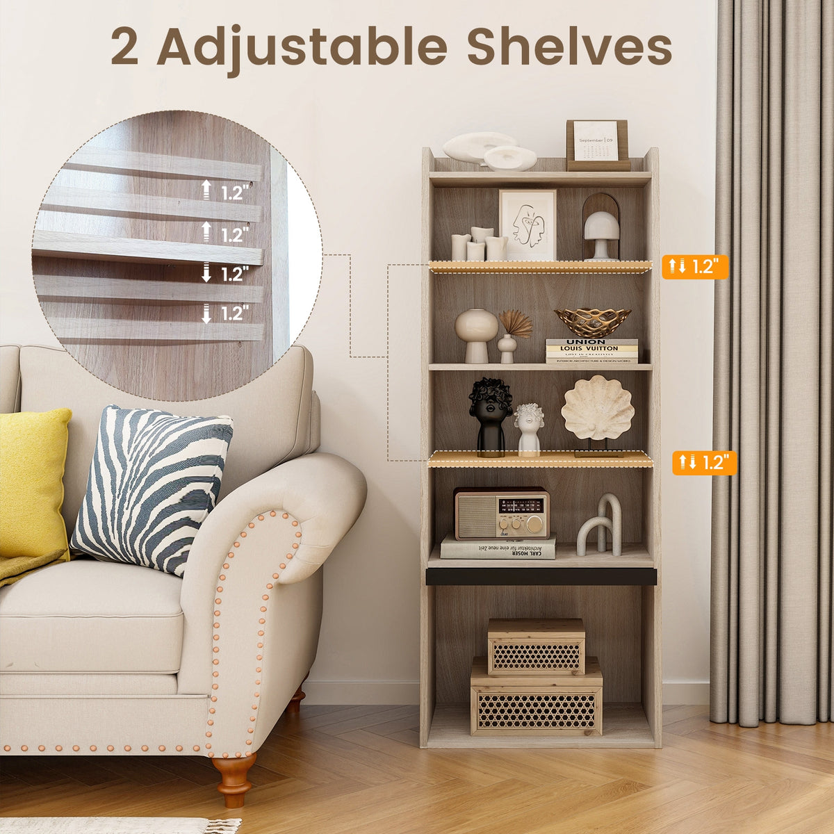 6-Tier Bookcase Freestanding Ladder Bookshelf with 2 Adjustable Shelves and Flip Up Door-Natural-Bookcases-DECOROLALA