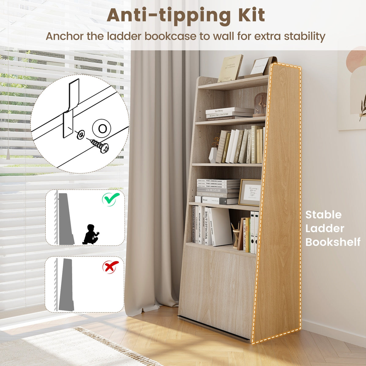 6-Tier Bookcase Freestanding Ladder Bookshelf with 2 Adjustable Shelves and Flip Up Door-Natural-Bookcases-DECOROLALA