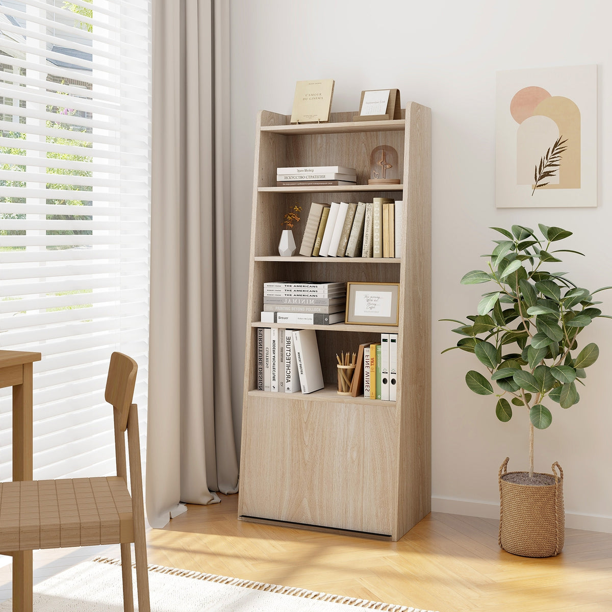 6-Tier Bookcase Freestanding Ladder Bookshelf with 2 Adjustable Shelves and Flip Up Door-Natural-Bookcases-DECOROLALA