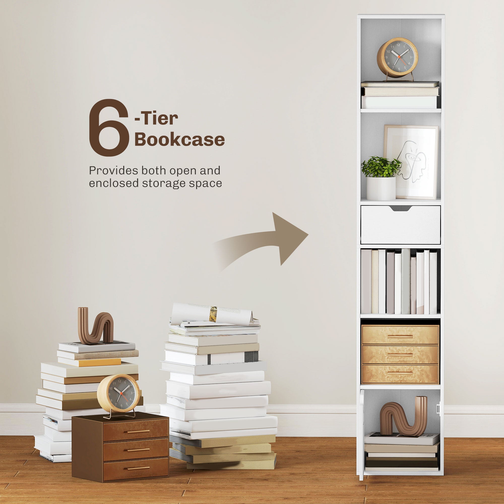 6-Tier Bookcase, Tall Narrow Bookshelf with Drawer and Door, White-Home Furnishings > Storage & Organization > Bookshelves & Bookcases > Display Bookshelves-DECOROLALA