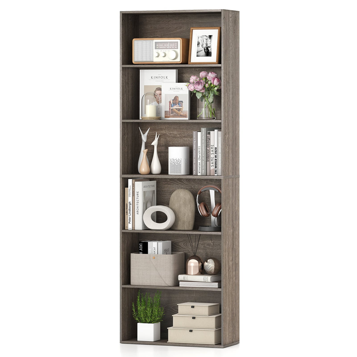 6-Tier Bookcase with 6 Open Shelves and Anti-Toppling Kits-Gray-Bookcases-DECOROLALA