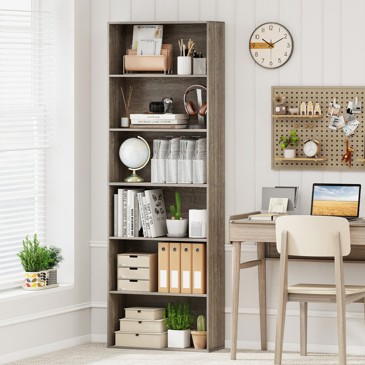 6-Tier Bookcase with 6 Open Shelves and Anti-Toppling Kits-Gray-Bookcases-DECOROLALA