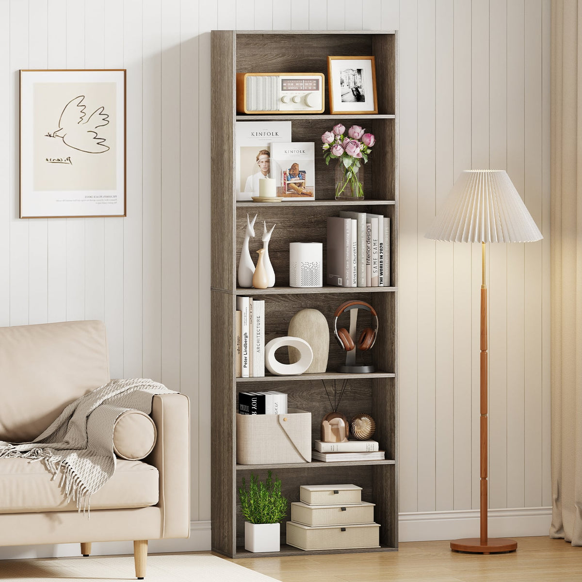 6-Tier Bookcase with 6 Open Shelves and Anti-Toppling Kits-Gray-Bookcases-DECOROLALA