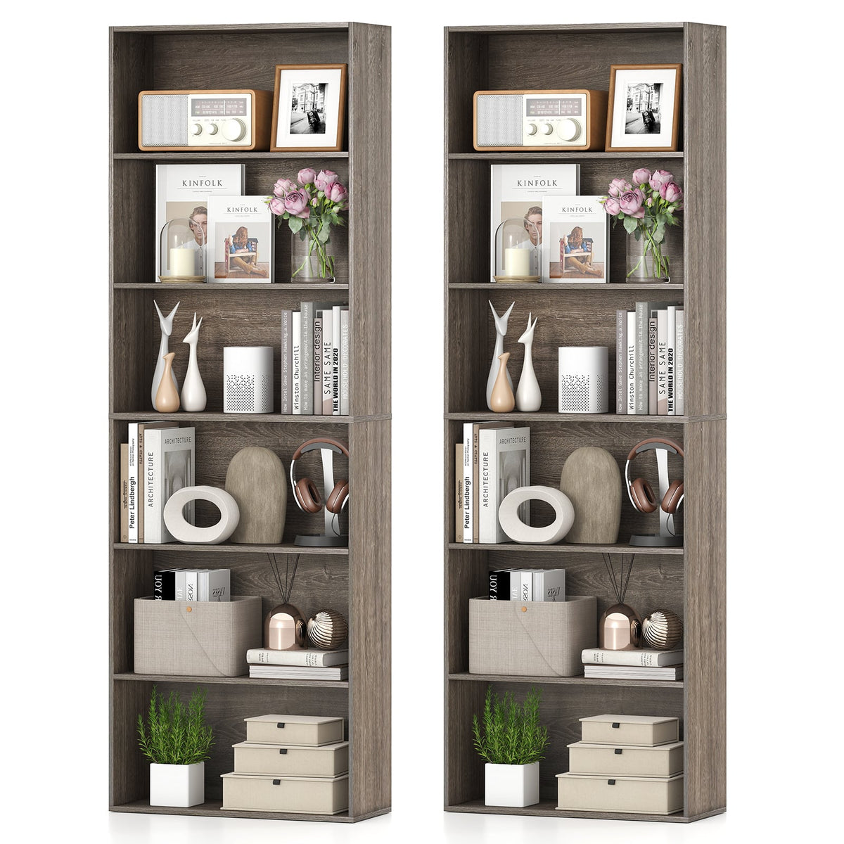 6-Tier Bookcase with 6 Open Shelves and Anti-Toppling Kits-Gray-Bookcases-DECOROLALA