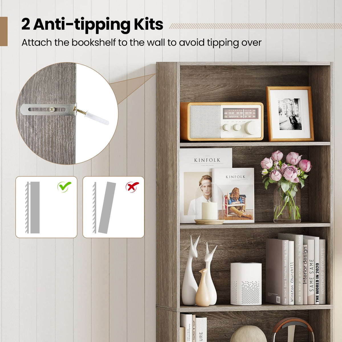6-Tier Bookcase with 6 Open Shelves and Anti-Toppling Kits-Gray-Bookcases-DECOROLALA