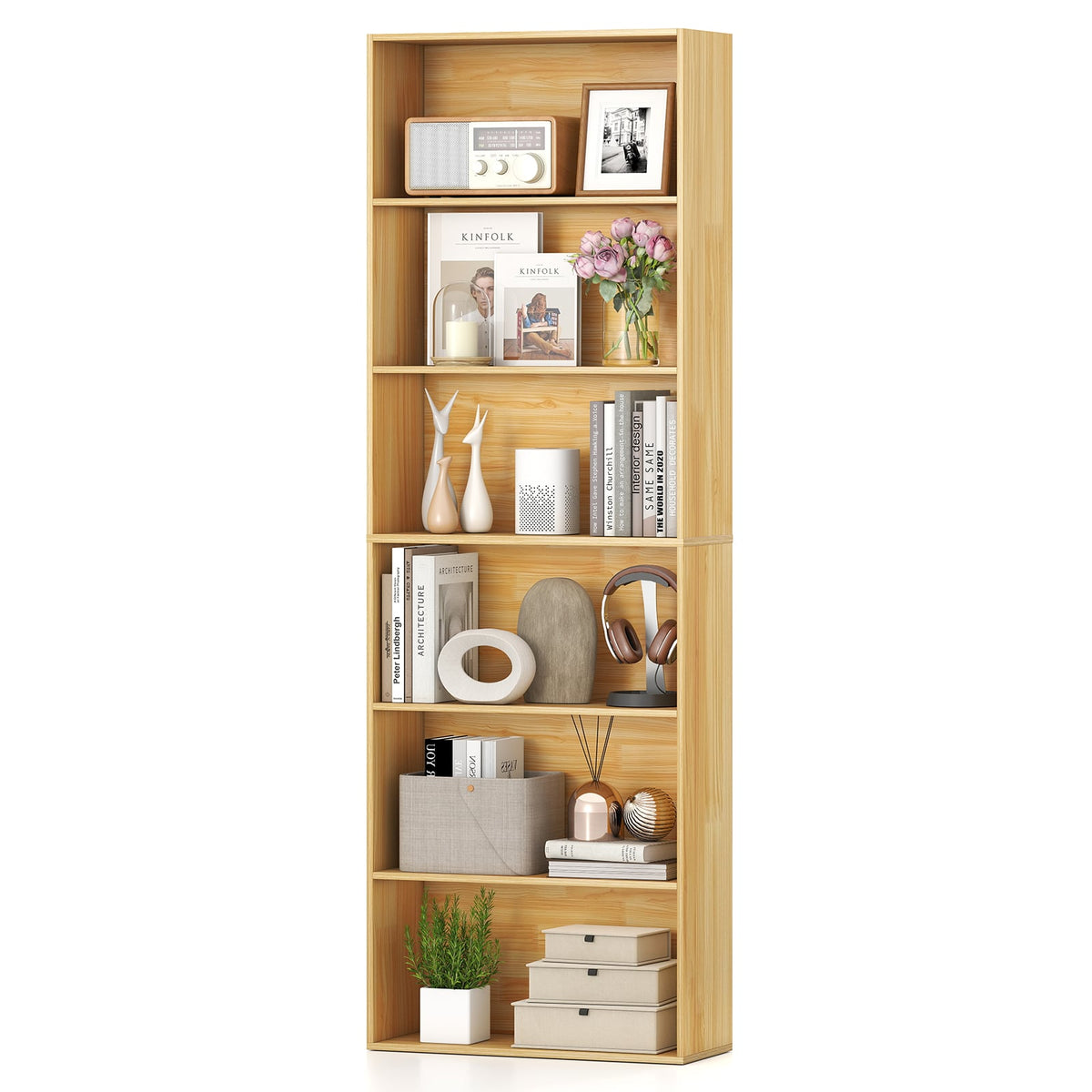6-Tier Bookcase with 6 Open Shelves and Anti-Toppling Kits-Wood-Bookcases-DECOROLALA