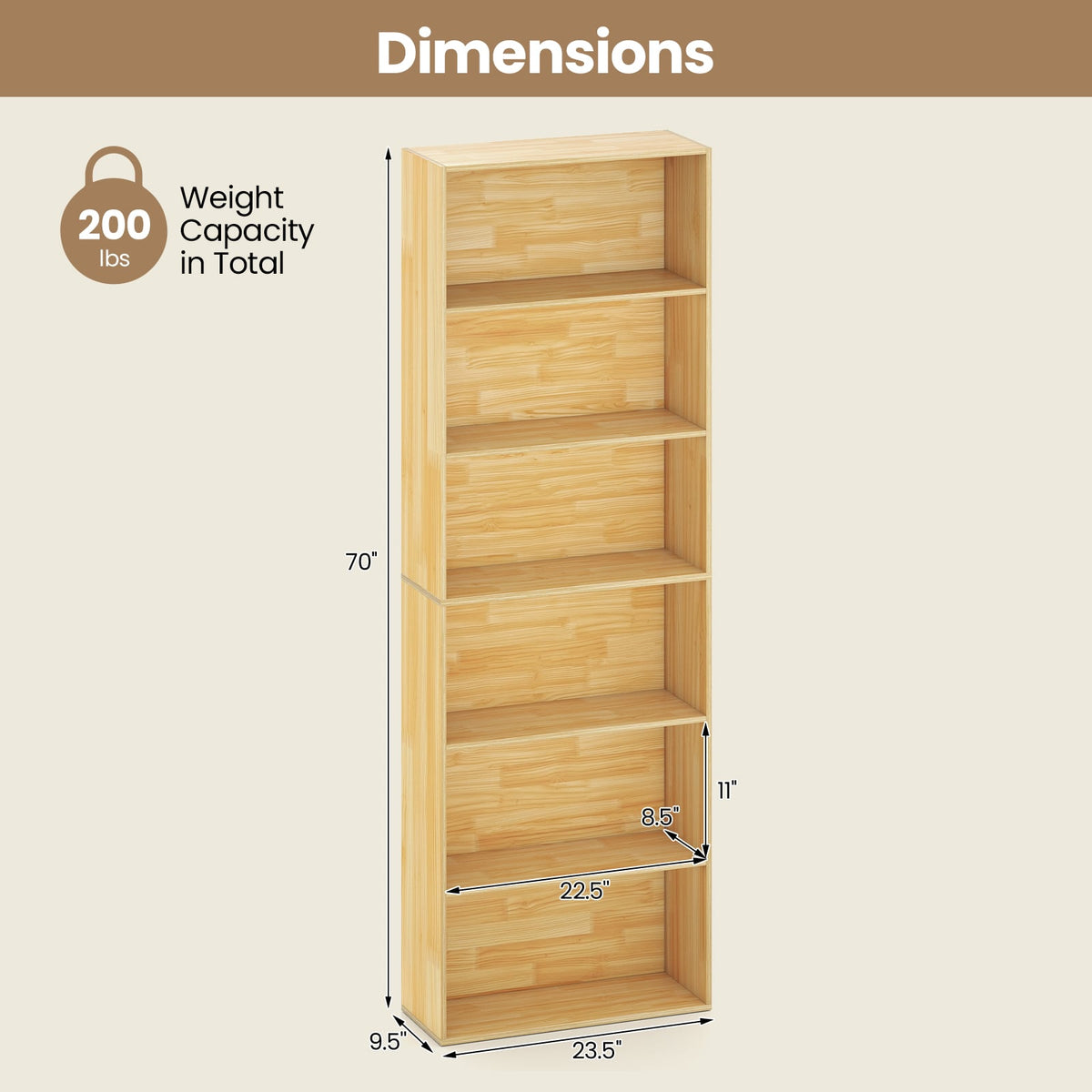 6-Tier Bookcase with 6 Open Shelves and Anti-Toppling Kits-Wood-Bookcases-DECOROLALA