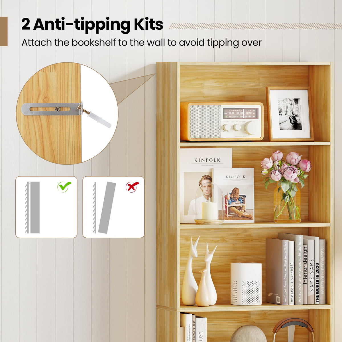6-Tier Bookcase with 6 Open Shelves and Anti-Toppling Kits-Wood-Bookcases-DECOROLALA