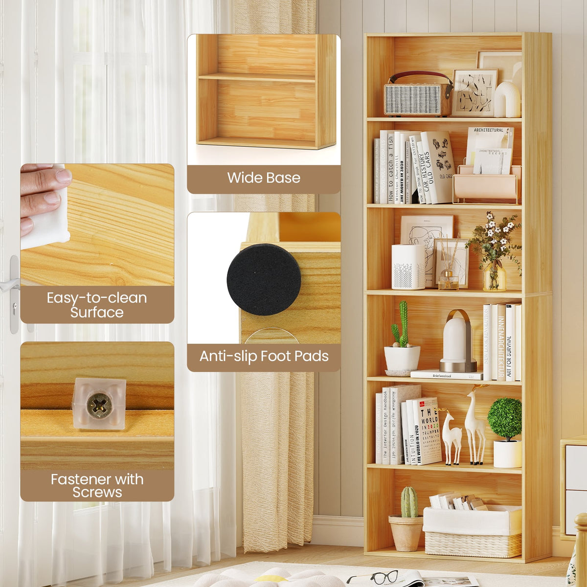6-Tier Bookcase with 6 Open Shelves and Anti-Toppling Kits-Wood-Bookcases-DECOROLALA
