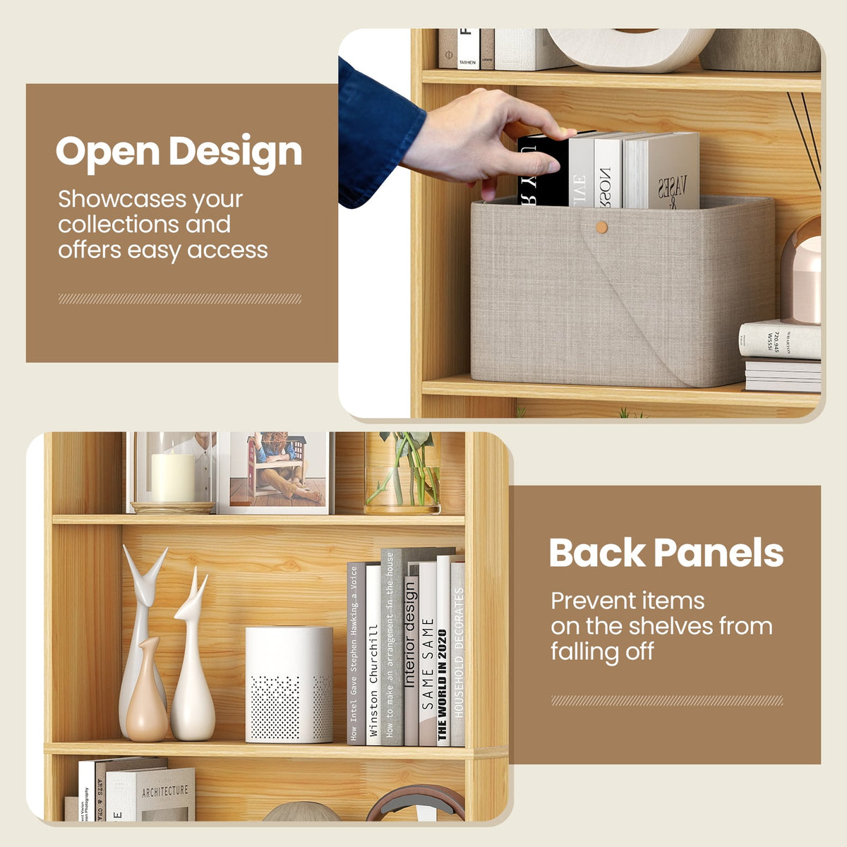 6-Tier Bookcase with 6 Open Shelves and Anti-Toppling Kits-Wood-Bookcases-DECOROLALA