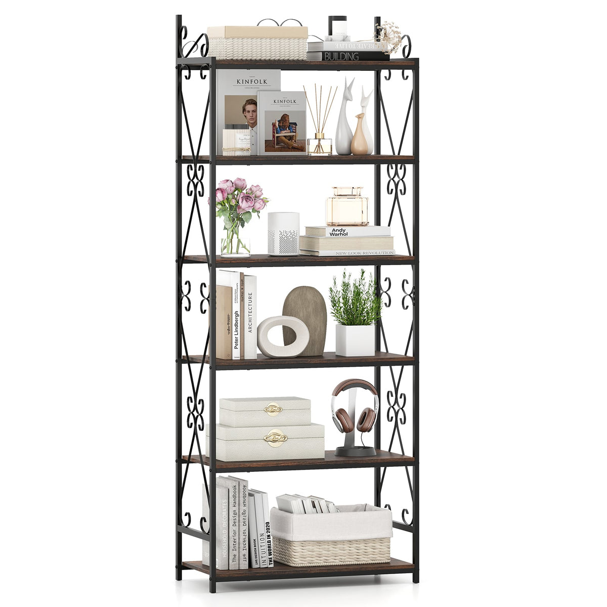 6-Tier Bookshelf Industrial Bookcase with 2 Anti-Tipping Kits and Metal Frame-Rustic Brown-Bookcases-DECOROLALA