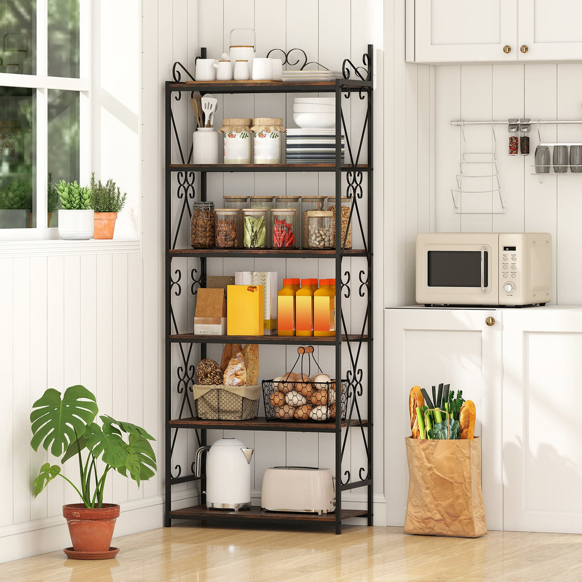 6-Tier Bookshelf Industrial Bookcase with 2 Anti-Tipping Kits and Metal Frame-Rustic Brown-Bookcases-DECOROLALA