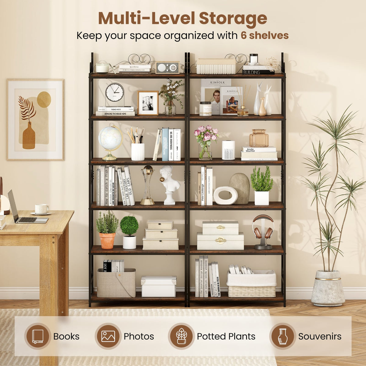 6-Tier Bookshelf Industrial Bookcase with 2 Anti-Tipping Kits and Metal Frame-Rustic Brown-Bookcases-DECOROLALA