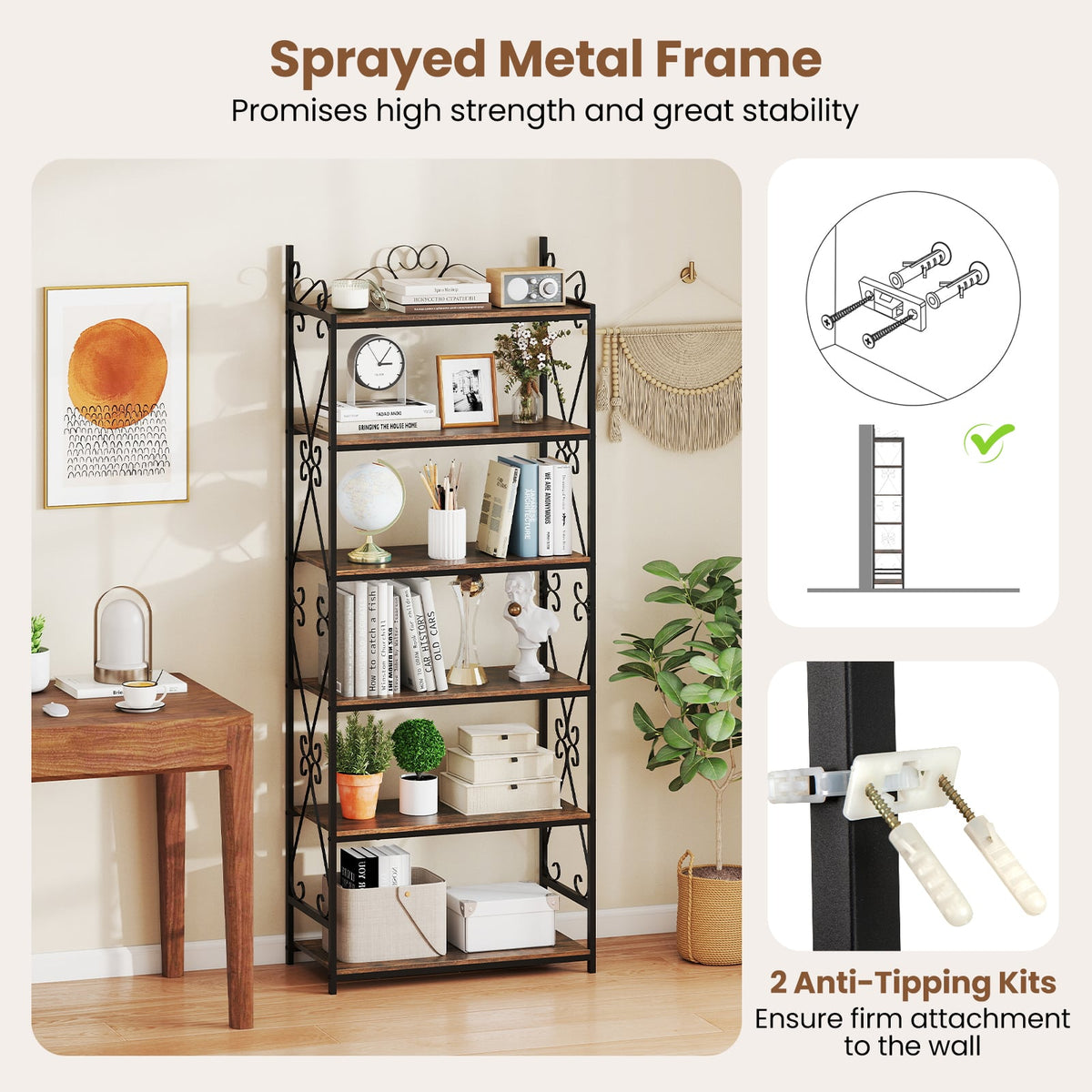 6-Tier Bookshelf Industrial Bookcase with 2 Anti-Tipping Kits and Metal Frame-Rustic Brown-Bookcases-DECOROLALA
