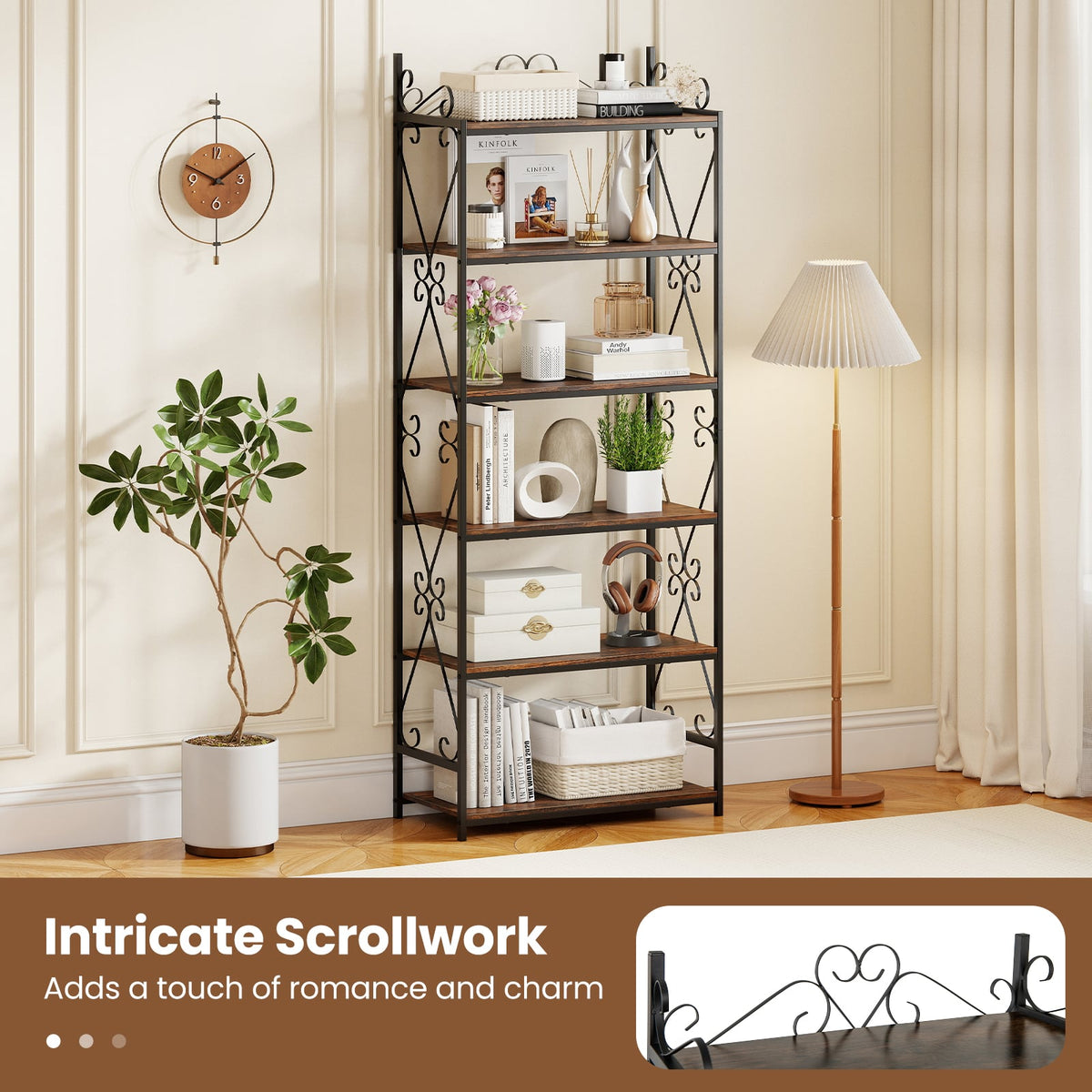 6-Tier Bookshelf Industrial Bookcase with 2 Anti-Tipping Kits and Metal Frame-Rustic Brown-Bookcases-DECOROLALA