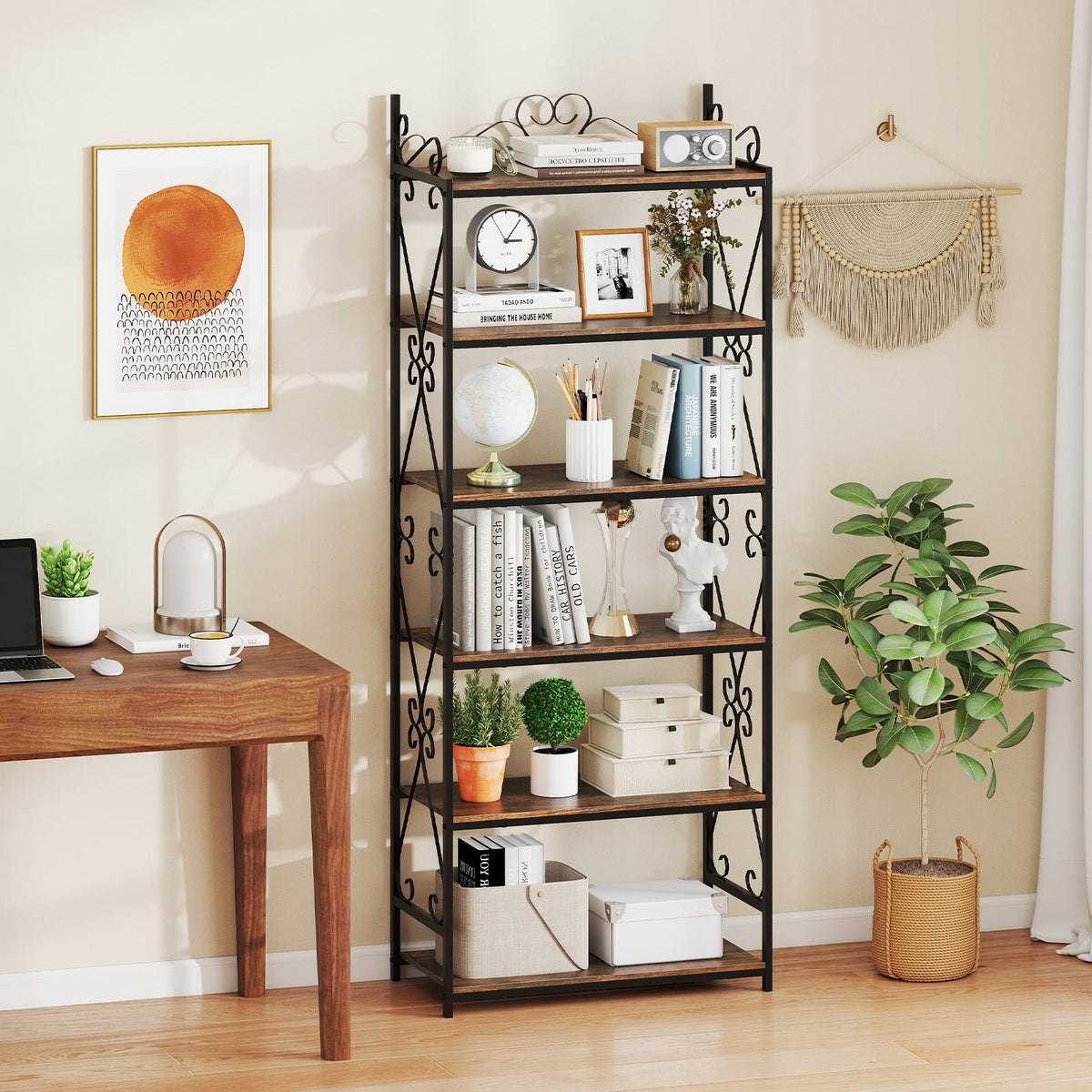6-Tier Bookshelf Industrial Bookcase with 2 Anti-Tipping Kits and Metal Frame-Rustic Brown-Bookcases-DECOROLALA