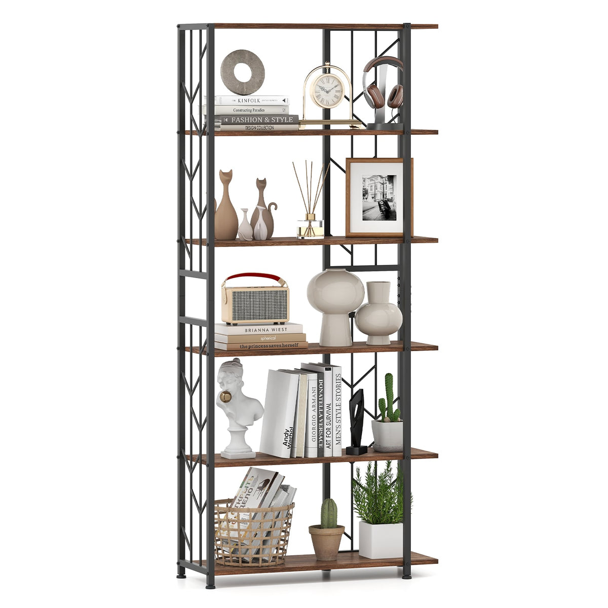 6-Tier Bookshelf Modern Geometric Bookcase with Heavy-duty Metal Frame and Anti-tipping Kits-Rustic Brown-Bookcases-DECOROLALA