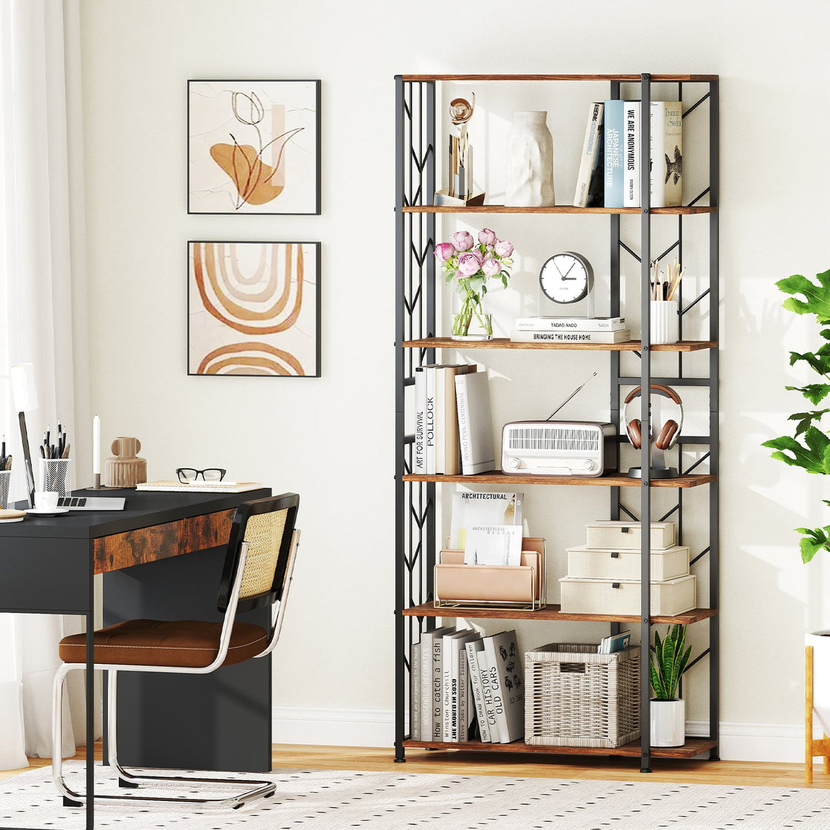 6-Tier Bookshelf Modern Geometric Bookcase with Heavy-duty Metal Frame and Anti-tipping Kits-Rustic Brown-Bookcases-DECOROLALA